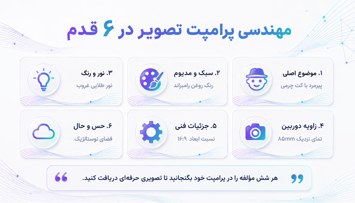 اینفوگرافیک شش مؤلفه کلیدی مهندسی پرامپت تصویر شامل موضوع، سبک، نور، زاویه دوربین، جزئیات فنی و حس‌وحال