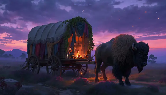تصویر فانتزی گاومیش کنار کاروان چوبی در غروب، نمونه هنر مفهومی تولیدشده با Leonardo AI