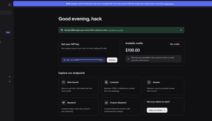 100 دلار کردیت رایگان api هوش مصنوعی سایت you.com