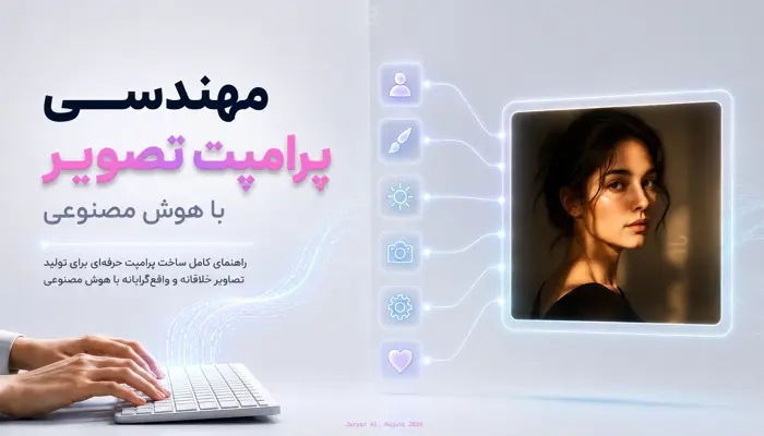 دستانی در حال تایپ پرامپت روی کیبورد، به شش آیکون متصل سوژه، سبک، نور، دوربین، تنظیمات فنی، حس‌وحال که در نهایت به یک پرتره‌ی زن فوتورئال تولیدشده با هوش مصنوعی می‌رسند؛ تجسم بصری فرایند مهندسی پرامپت تصویر